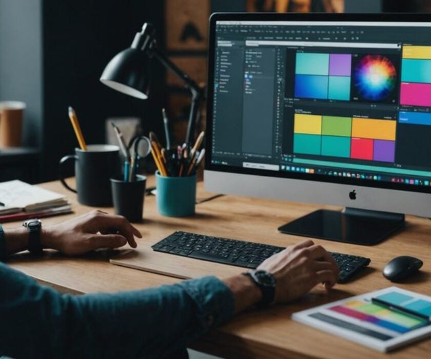 Web designer working on a computer with design software, surrounded by design tools and color palettes.