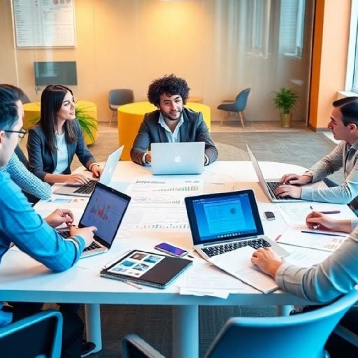 SEO team collaboration in a modern office space.