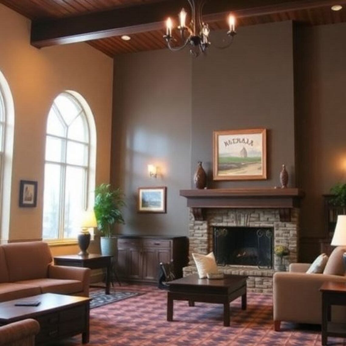 Nebraska hotel lobby with warm lighting and decor.