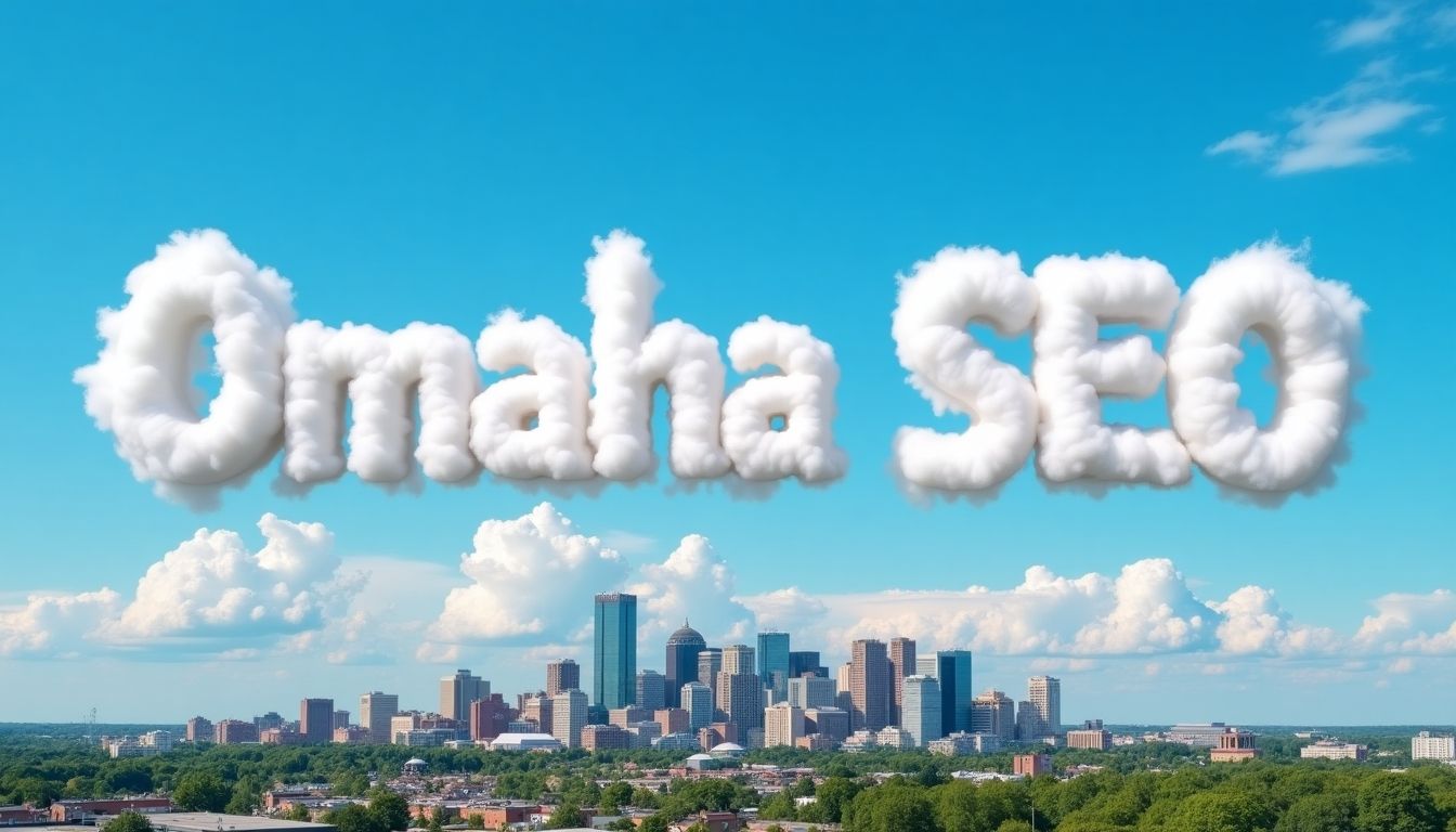 Downtown Omaha with 'Omaha SEO' in the clouds.