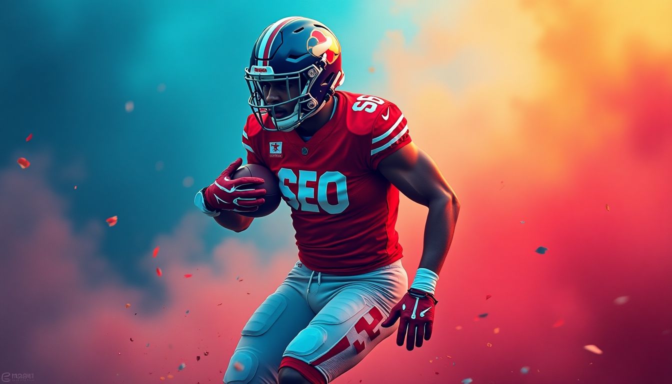 Football player in SEO jersey, dynamic action pose.