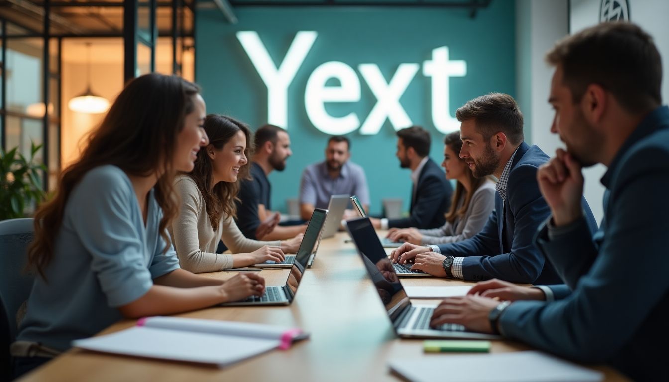 Team collaborating on SEO strategies with Yext logo.