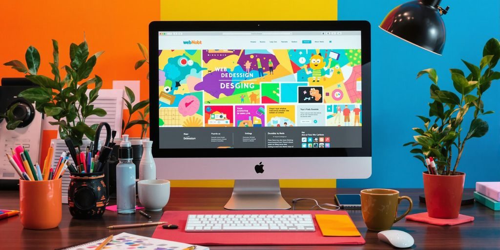 Creative web design workspace with colorful layout and tools.