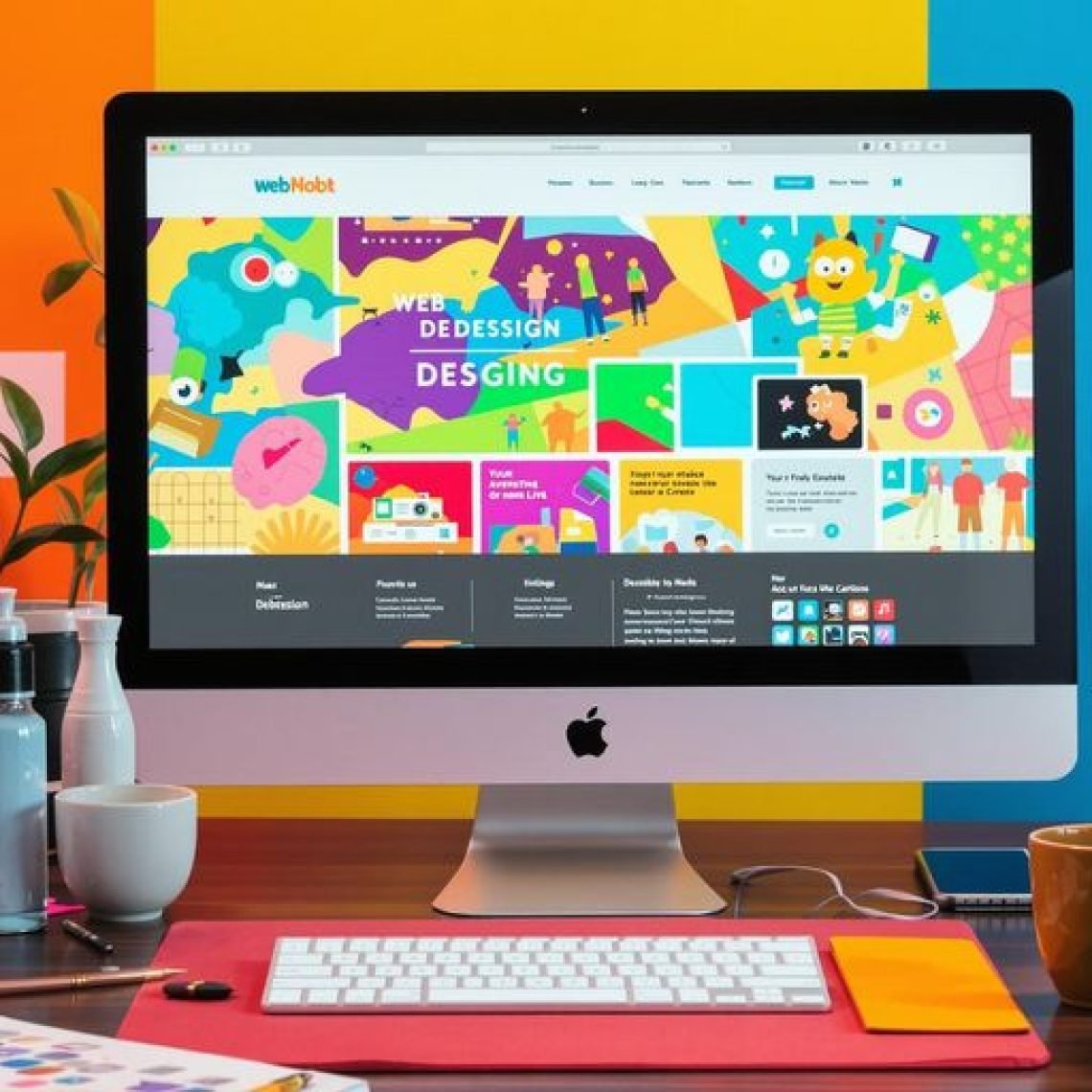 Creative web design workspace with colorful layout and tools.