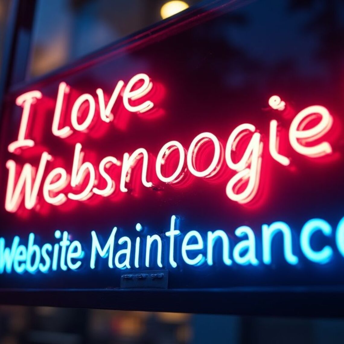 Neon sign saying 'I love Websnoogie!' in bright colors.