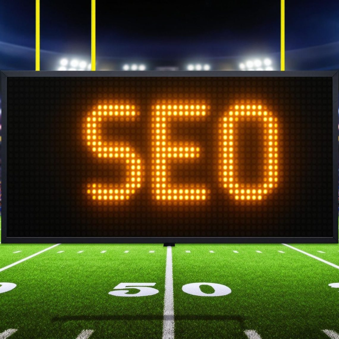 A scoreboard saying SEO on a football feild