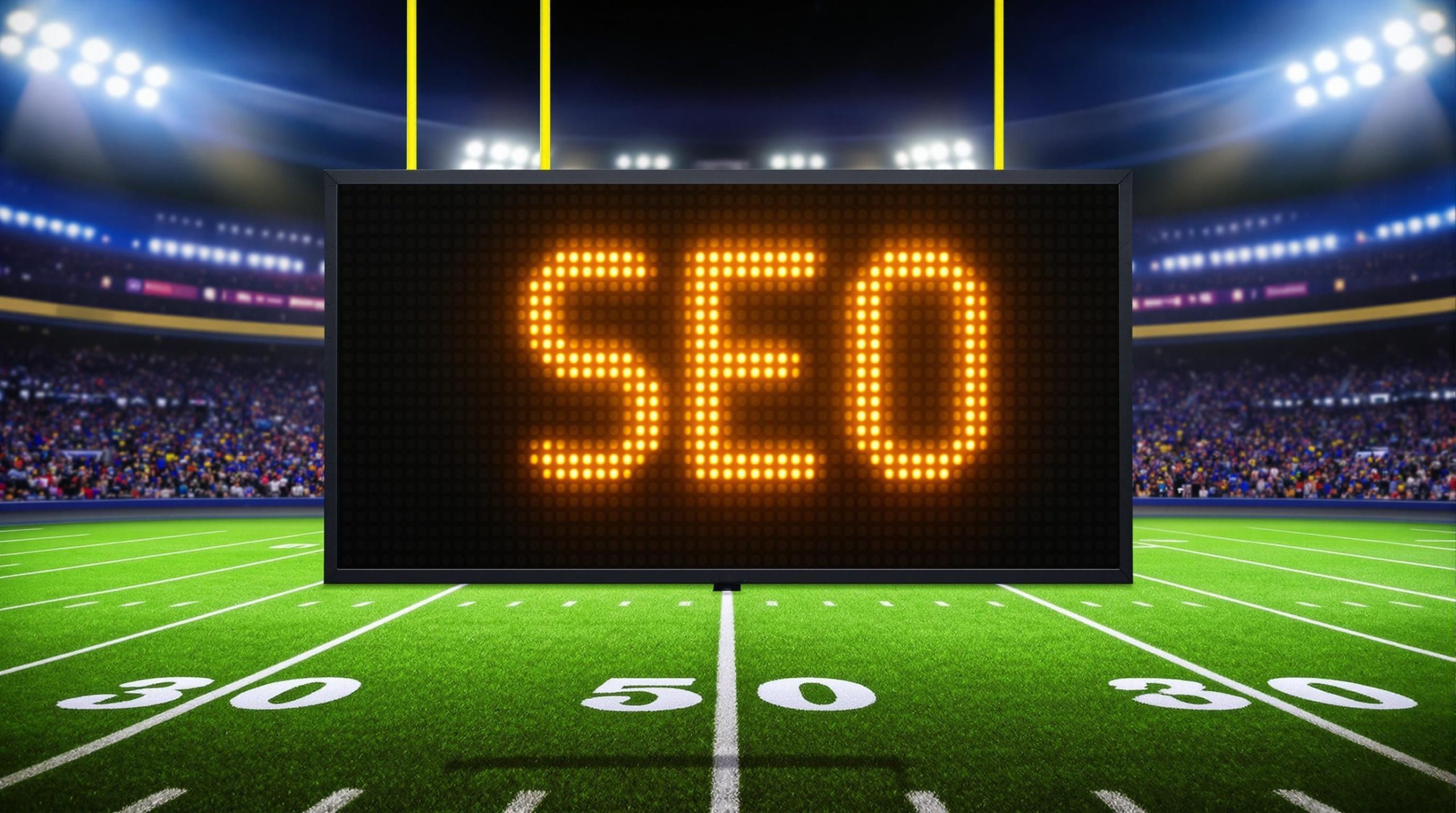 A scoreboard saying SEO on a football feild