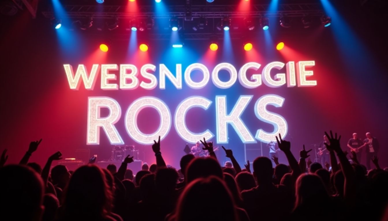 Rock concert with lights spelling 'Websnoogie Rocks'.