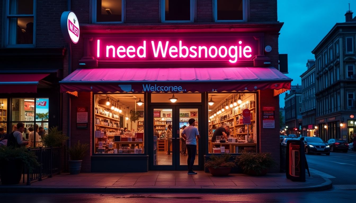 Shopfront at dusk with bright neon sign reading "I need Websnoogie."