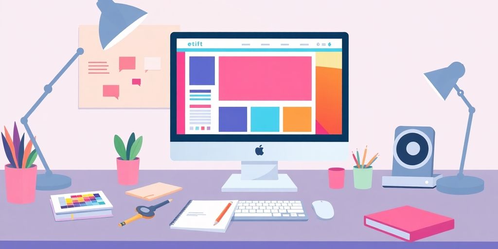 A creative web design workspace with tools and colors.