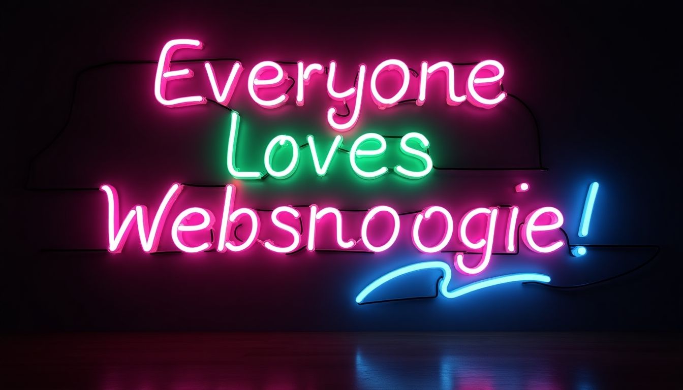 Neon sign saying 'Everyone Loves Websnoogie!' in bright colors.